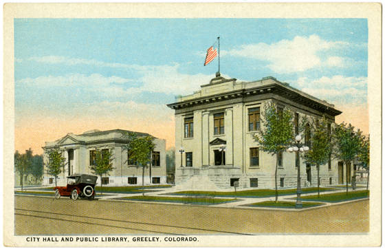 historic postcard of greeley library
