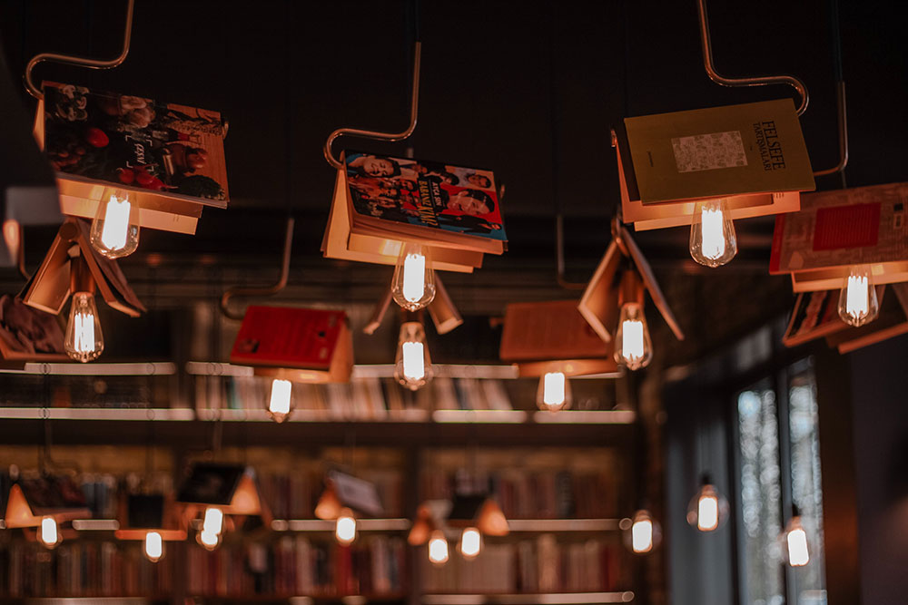 overhead lamps made from old books