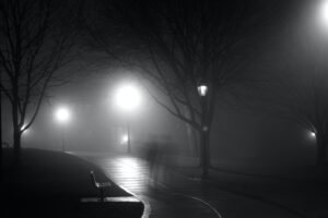 "shadowy figure on a road"