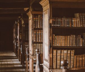 "books in an old library"