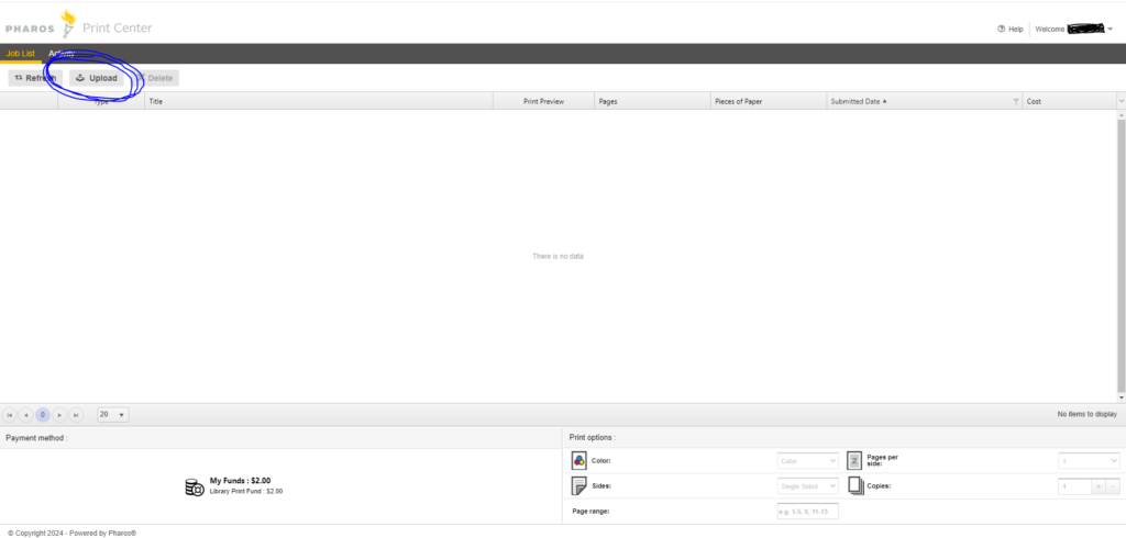 mobile printing screen with Upload button in upper right area